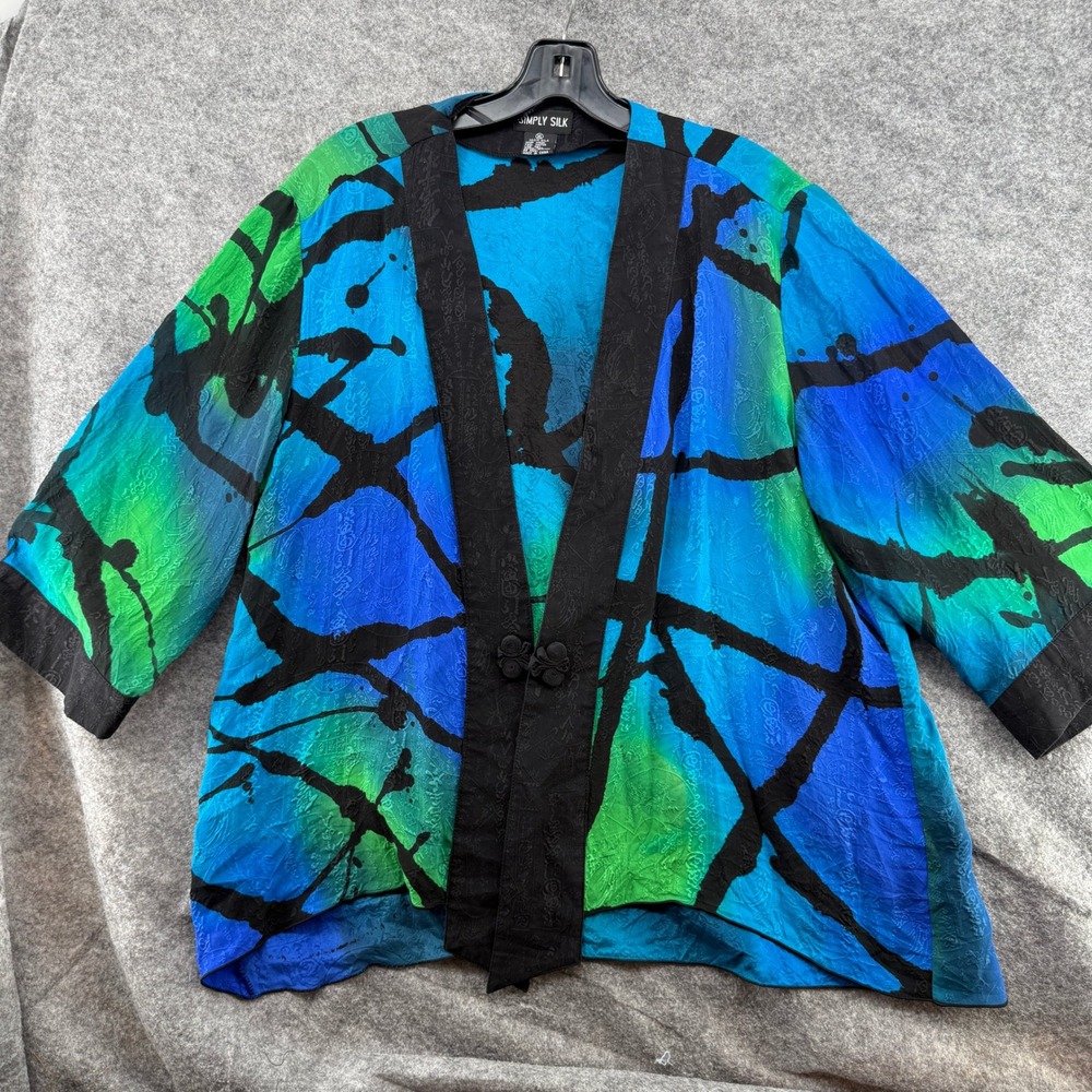 Simply Silk Geometric Colorblock Artsy Sheer Silk Kimono Jacket Frog Button XL